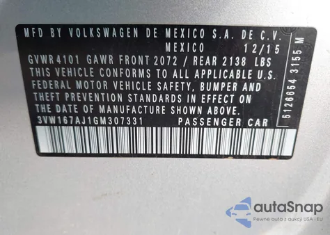 2016 Volkswagen Jetta 1.4T S из США, поврежденный, VIN 3VW167AJ1GM307331